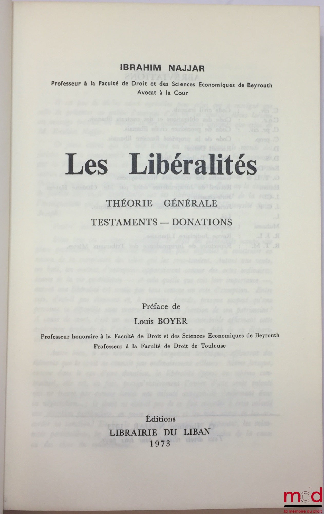 NAJJAR (Ibrahim) – GIFTS, General Theory, Wills – Donations, Preface by Louis Boyer