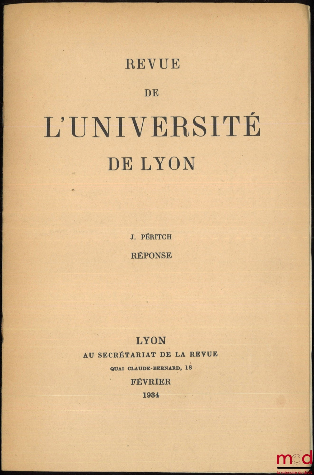 PERICH (Zivoin) – RESPONSE, Review of the University of Lyon