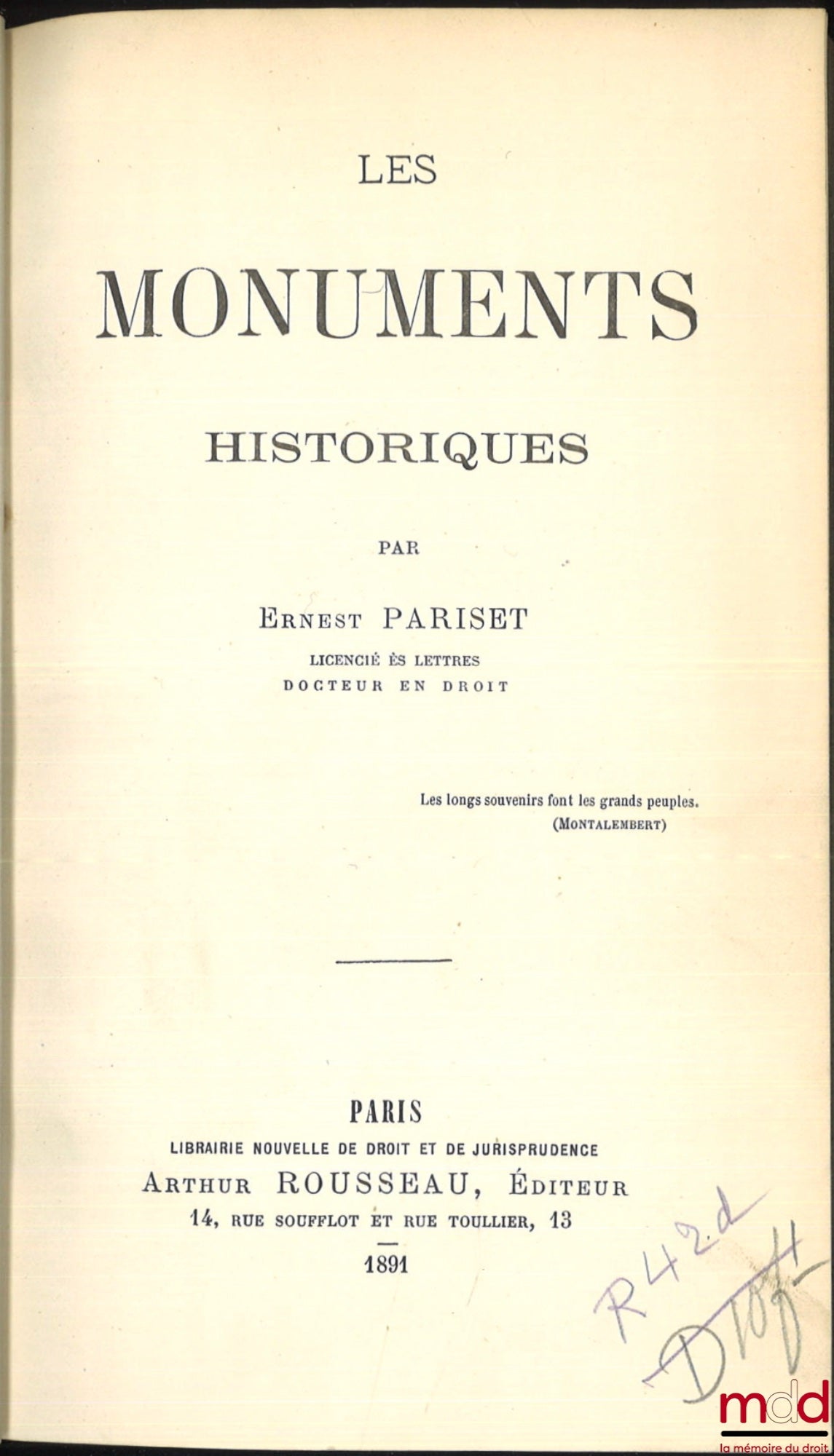 PARISET (Ernest) – LES MONUMENTS HISTORIQUES