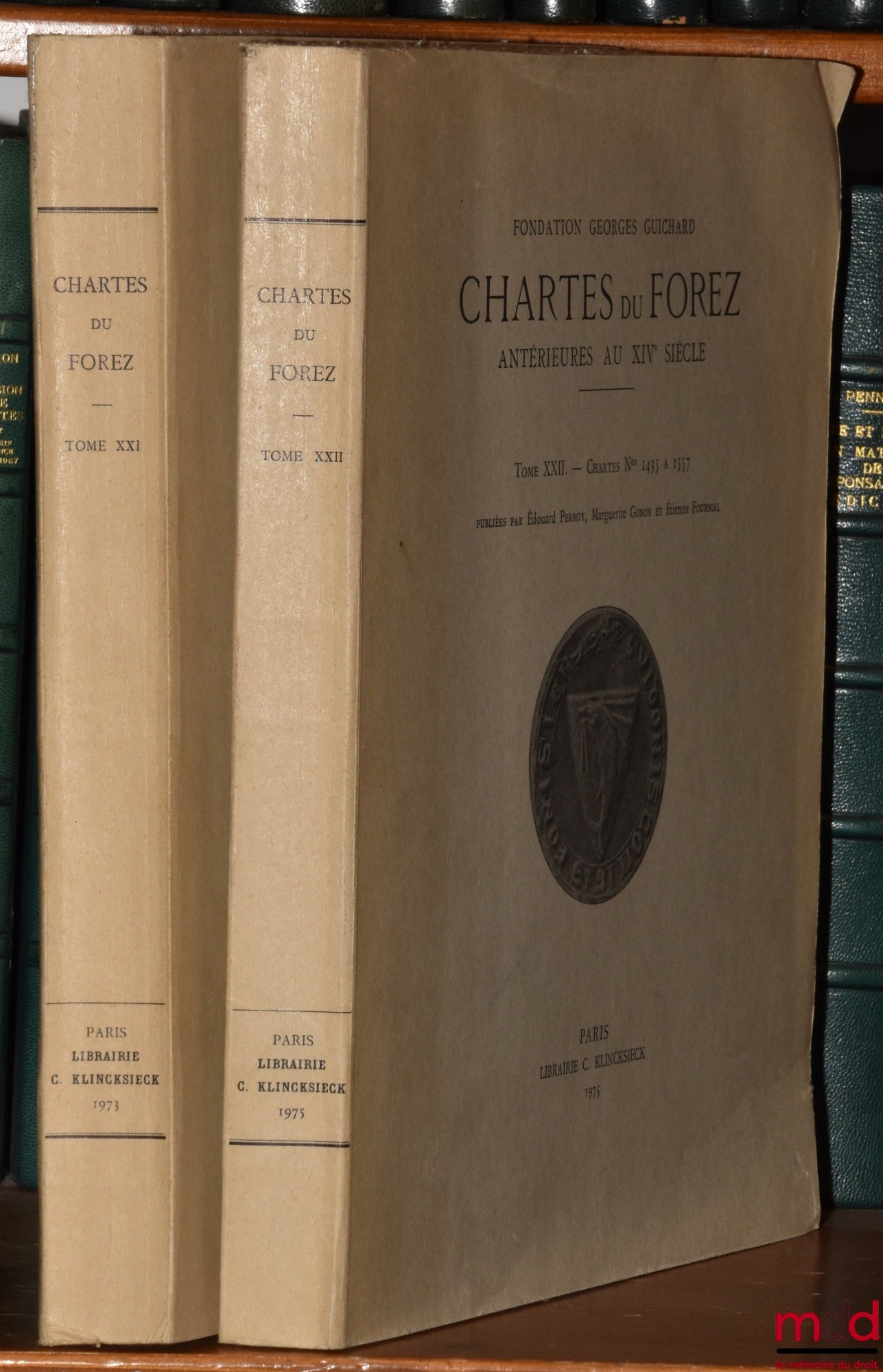 [Forez], GONON (Marguerite), PERROY (Édouard), FOURNIAL (Étienne) – CHARTES DU FOREZ ANTÉRIEURES AU XIVe SIÈCLE, t. XXI : Chartes n° 1285 à 1434, t. XXII : Chartes n° 1435 à 1557