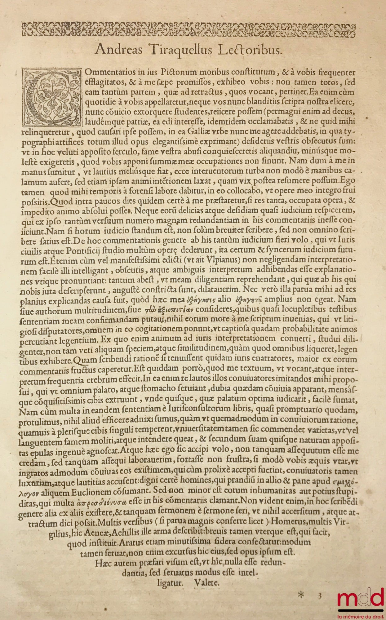 TIRAQUELLI (Andreæ) [TIRAQUEAU (André)] – REGII IN CURIA PARISIENSI SENATORIS. t. I : DIGNISSIMI, OPERA OMNIA, Quæ hactenus extant, Septem Tomis distincta : quorum hic Primus continet libros, DE NOBILITATE, ET IURE PRIMIGENIORUM, IAM DENVO RECUSA, ET A PL