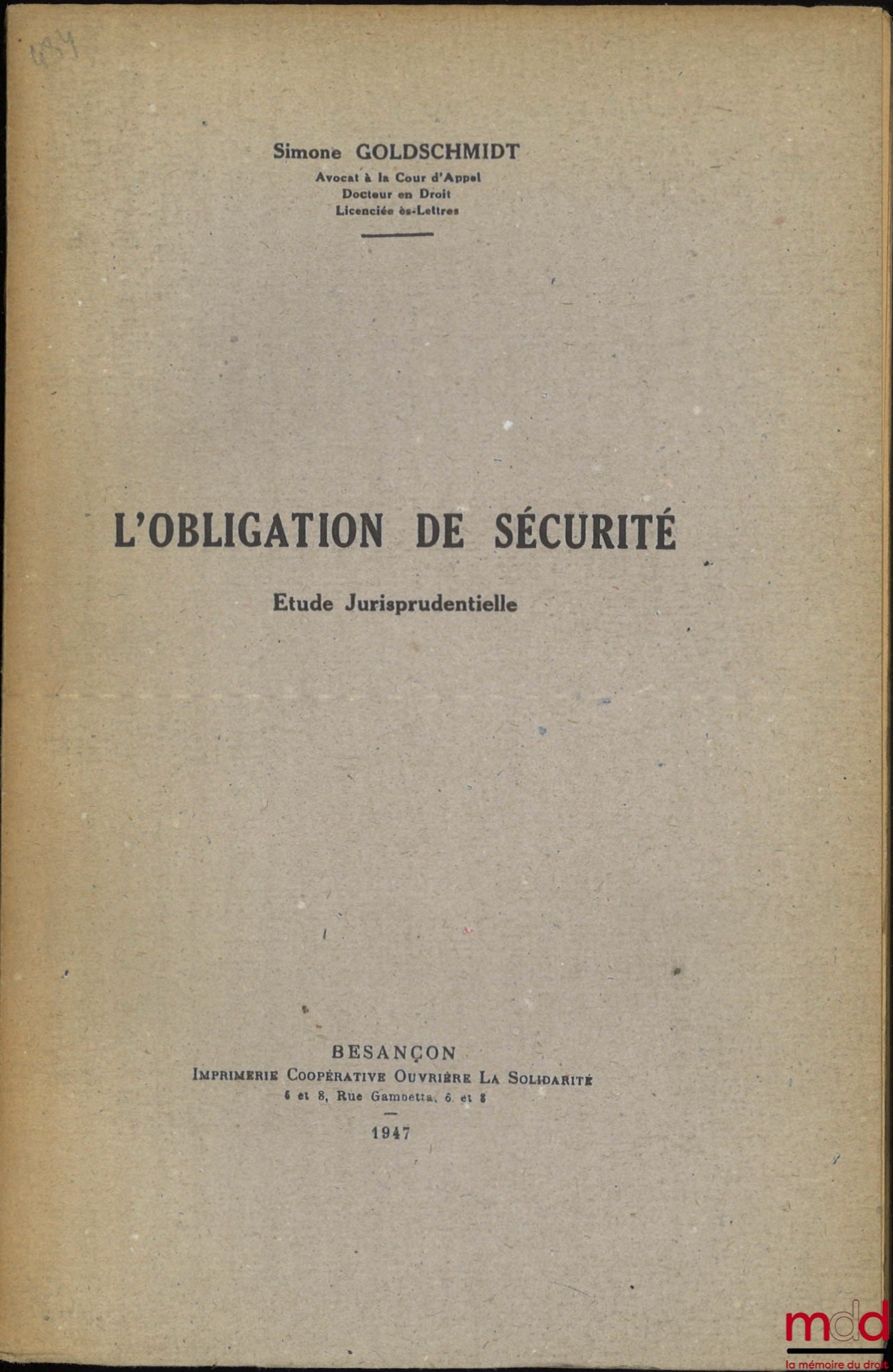 GOLDSCHMIDT (Simone) – L’OBLIGATION DE SÉCURITÉ