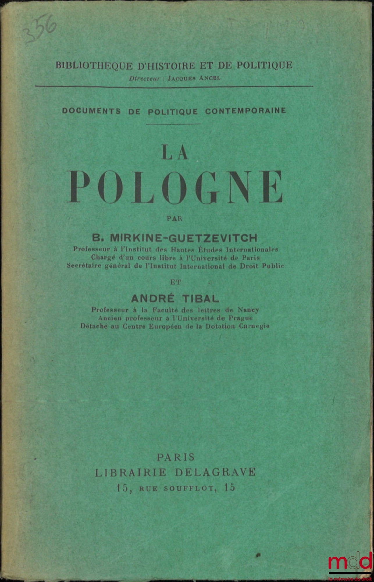 MIRKINE-GUETZÉVITCH (Boris) et TIBAL (André) – LA POLOGNE, Bibl. d’Histoire et de Politique