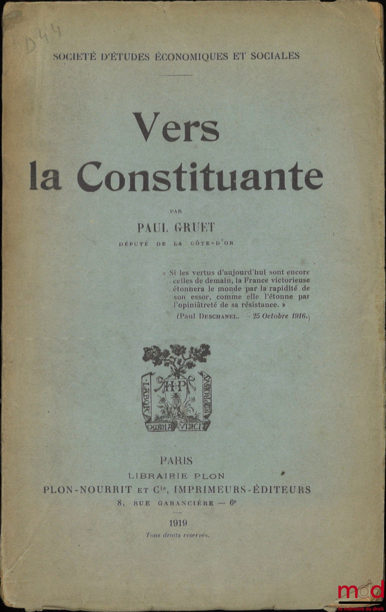 GRUET (Paul) – VERS LA CONSTITUANTE, Société d’Études économiques et sociales