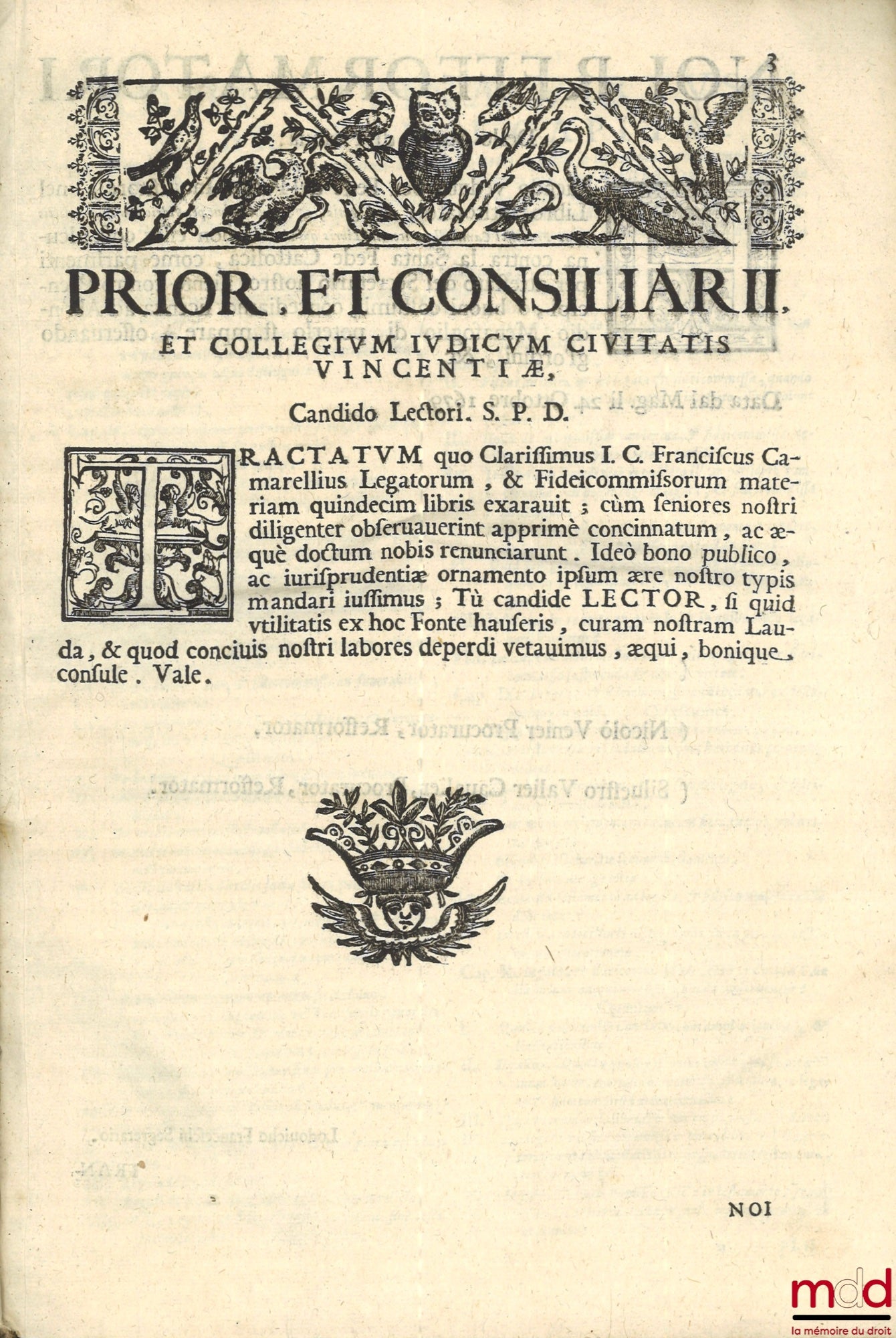 CAMARELÆ (Francisci) CAMARELLI (Francesco) – DE LEGATIS ET SINGULIS REBUS PER FIDEICOMMISSUM RELICTIS, Libris quindecim exaratum, in foro ; et scholis professoribus Perutile, ac necessarium. Cum indice locupletissim. Collegii judicum Vincentiae Cura et Ær