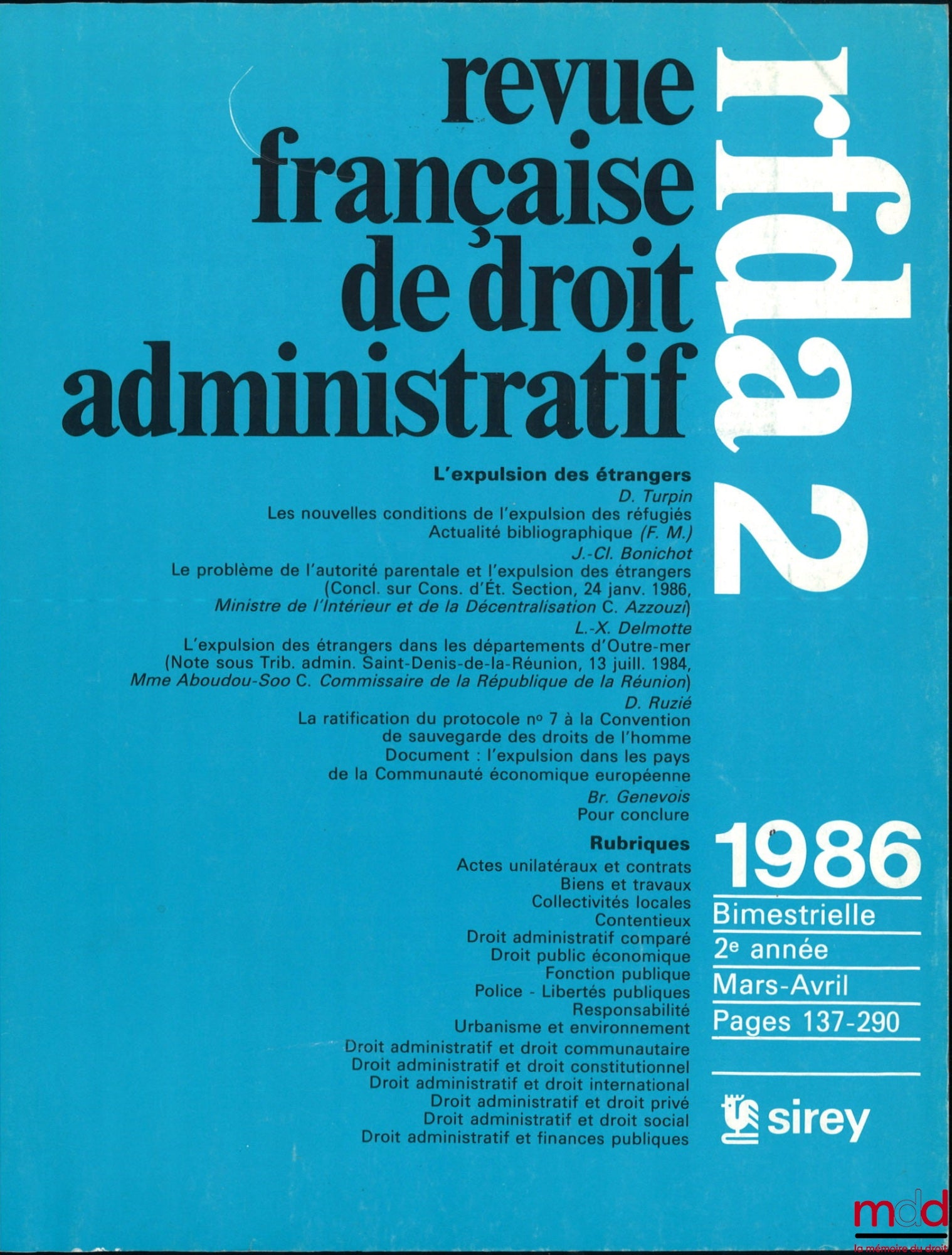 [RFDA - Droit des étrangers] – REVUE FRANÇAISE DE DROIT ADMINISTRATIF, Mars-Avril 1986, n° 2