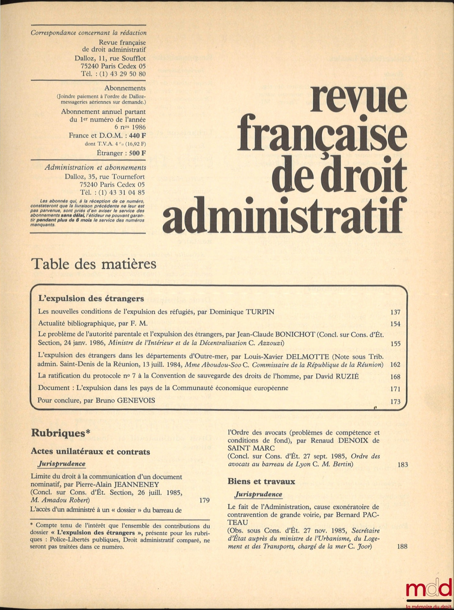 [RFDA - Droit des étrangers] – REVUE FRANÇAISE DE DROIT ADMINISTRATIF, Mars-Avril 1986, n° 2