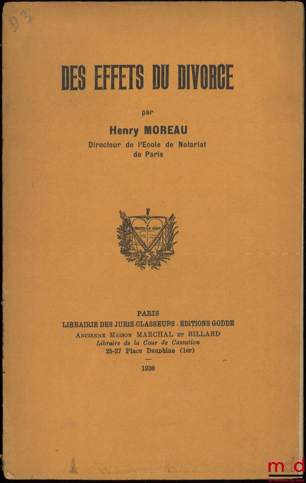 MOREAU (Henry) – DES EFFETS DU DIVORCE