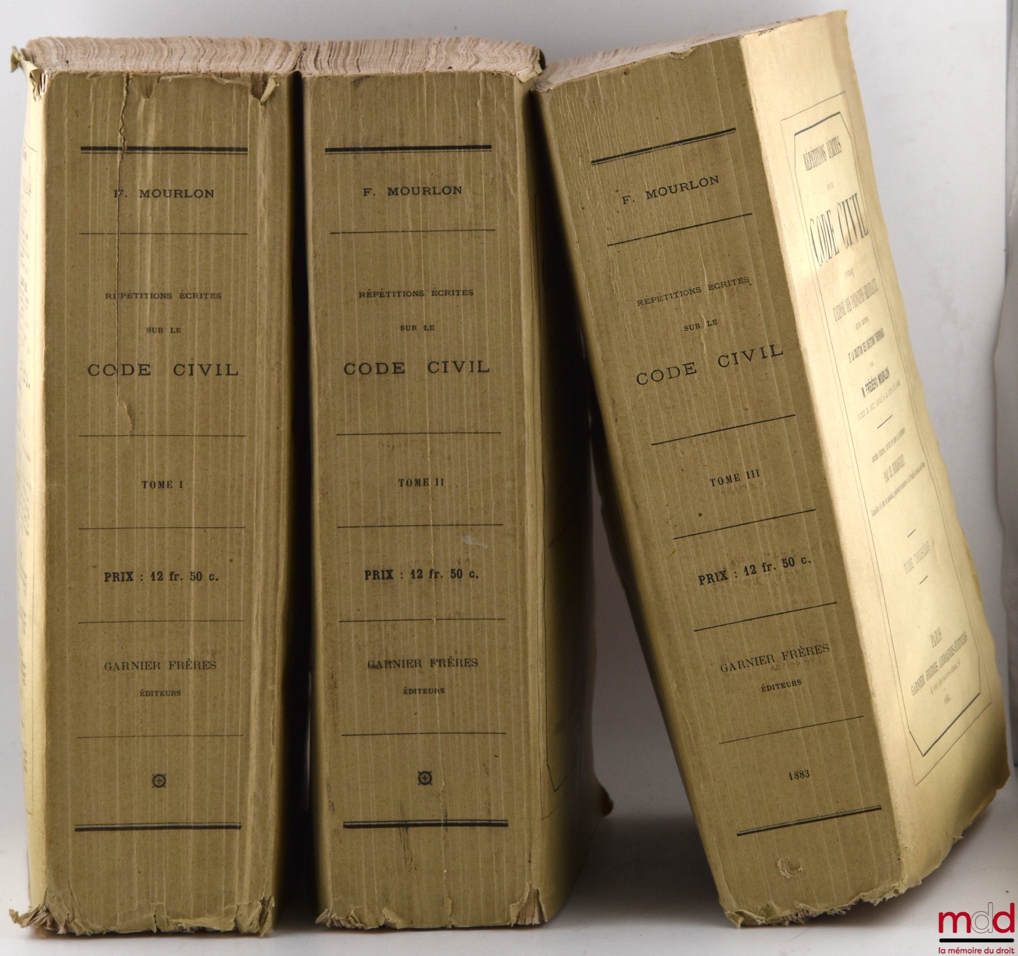 MOURLON (Frédéric) – RÉPÉTITIONS ÉCRITES SUR LE CODE CIVIL CONTENANT L’EXPOSÉ DES PRINCIPES GÉNÉRAUX LEURS MOTIFS ET LA SOLUTION DES QUESTIONS THÉORIQUES, 12e éd. (pour les t. I et II) et  11e éd. (pour le t. III) revue et mise au courant par Ch. Demangea