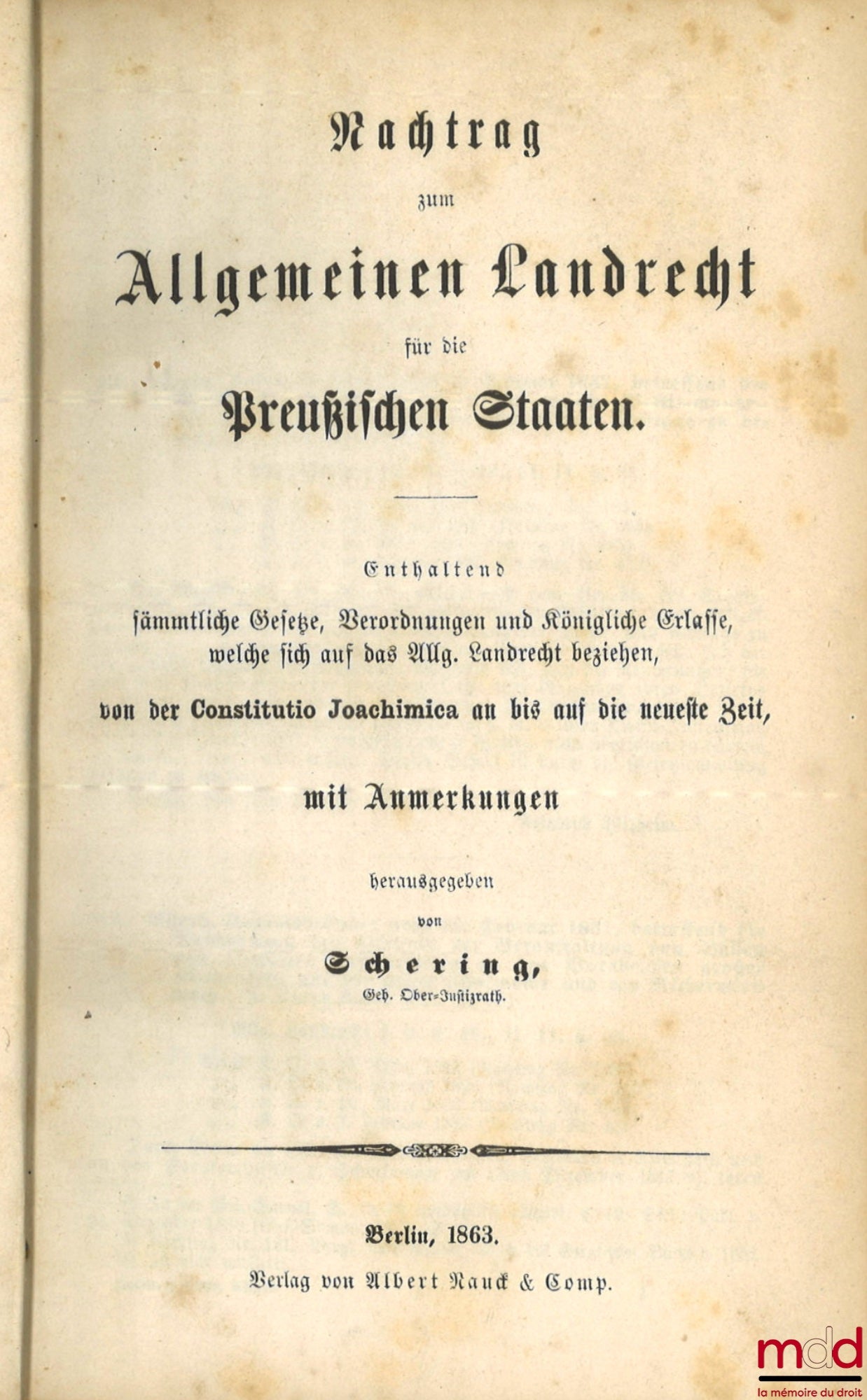 [Code - Prusse] – ALLGEMEINES LANDRECHT FÜR DIE PREUSSISCHEN STAATEN, Unveränderter Abdruck der Ausgabe von 1821 (4 vol.) ; REGISTER ZUM ALLGEMEINEN LANDRECHT FÜR DIE PREUSSISCHEN STAATEN (1 vol.) ; NACHTRAG ZUM ALLGEMEINEN LANDRECHT FÜR DIE PREUSSISCHEN