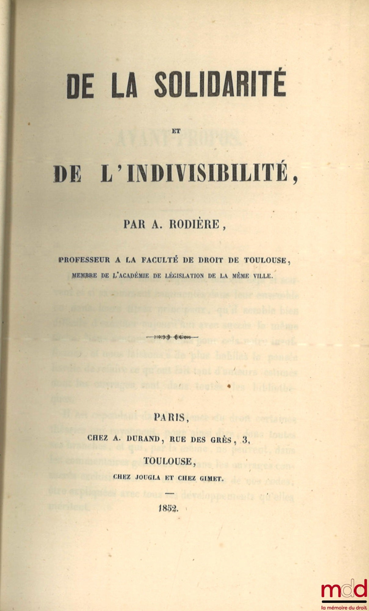 RODIÈRE (Aimé) – DE LA SOLIDARITÉ ET DE L’INDIVISIBILITÉ