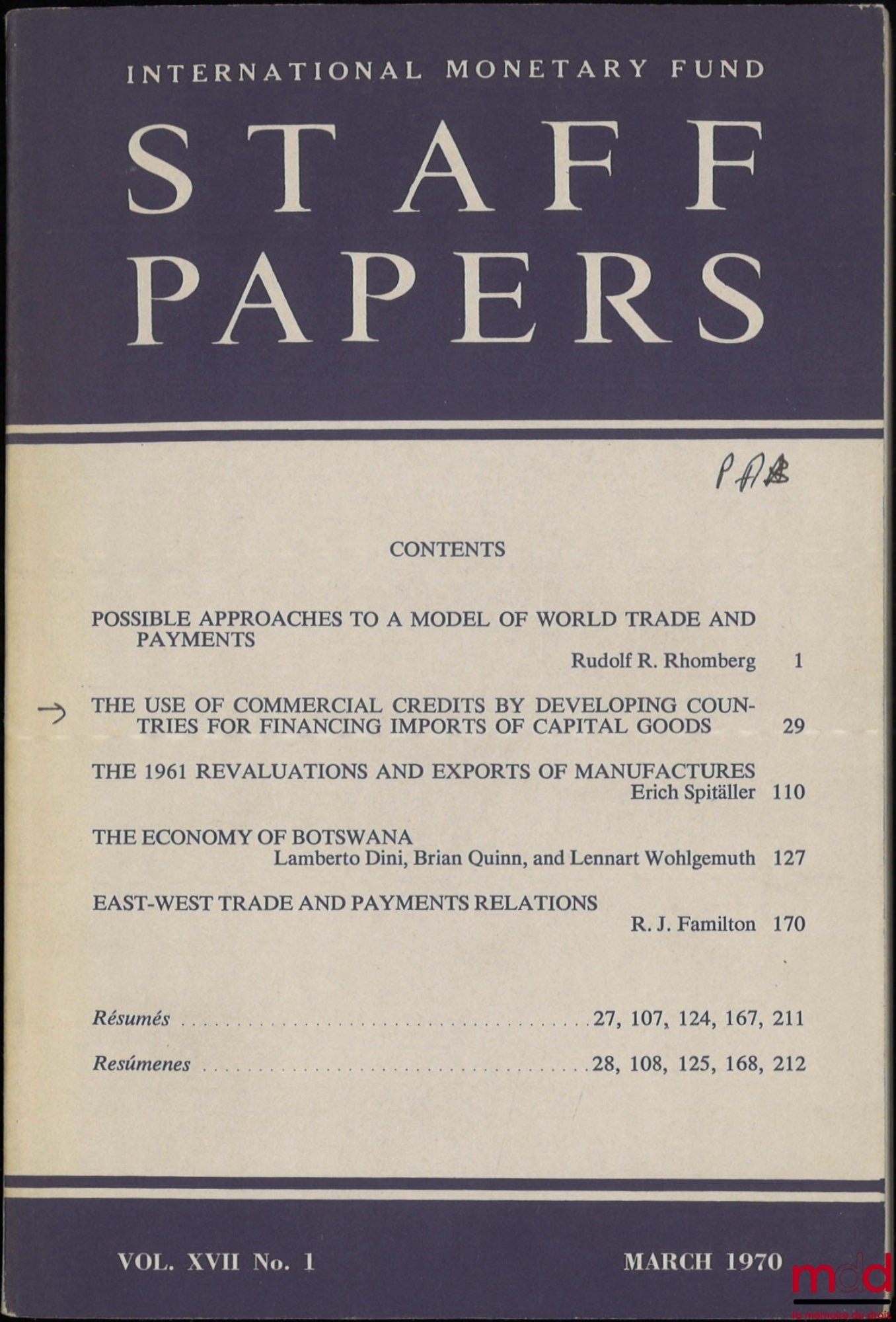 [Revue] – THE USE OF COMMERCIAL CREDITS BY DEVELOPING COUNTRIES FOR FINANCING IMPORTS OF CAPITAL GOODS, International monetary fund staff papers, Vol. XVII, n° 1