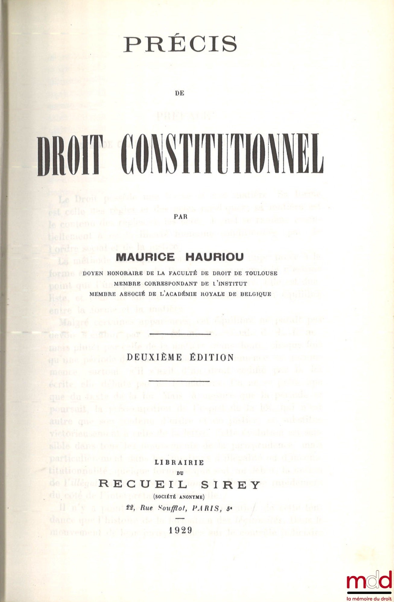 HAURIOU (Maurice) – PRÉCIS DE DROIT CONSTITUTIONNEL, 2e éd., [réimpression]