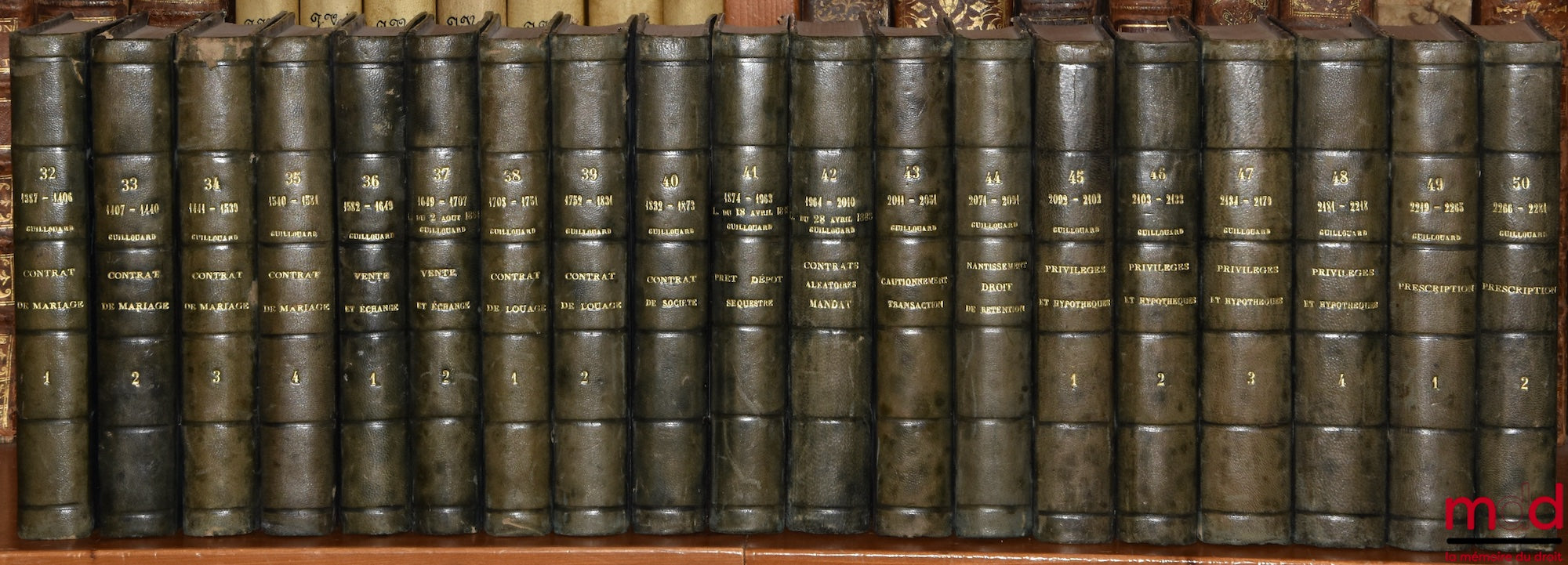 DEMOLOMBE (Charles) & GUILLOUARD (Louis) – COURS DE CODE NAPOLÉON, t. I à X : 6e éd., t. XII et XIII : 7e éd, t. XIII à XVII : 6e éd., t. XVIII à XXIII : 4e et 6e éd., t. XXIV à XXX : 1re et 5e éd, t. XXXI : 6e éd, [31 vol.] ;  TRAITÉS (…), (art. 1387 à 2