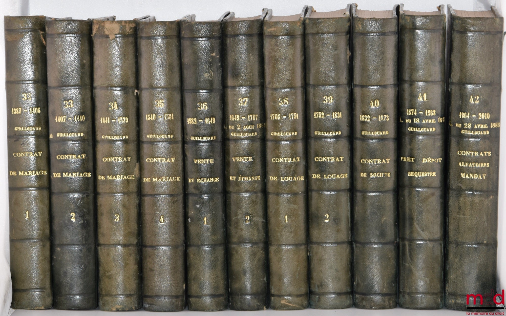 DEMOLOMBE (Charles) & GUILLOUARD (Louis) – COURS DE CODE NAPOLÉON, t. I à X : 6e éd., t. XII et XIII : 7e éd, t. XIII à XVII : 6e éd., t. XVIII à XXIII : 4e et 6e éd., t. XXIV à XXX : 1re et 5e éd, t. XXXI : 6e éd, [31 vol.] ;  TRAITÉS (…), (art. 1387 à 2