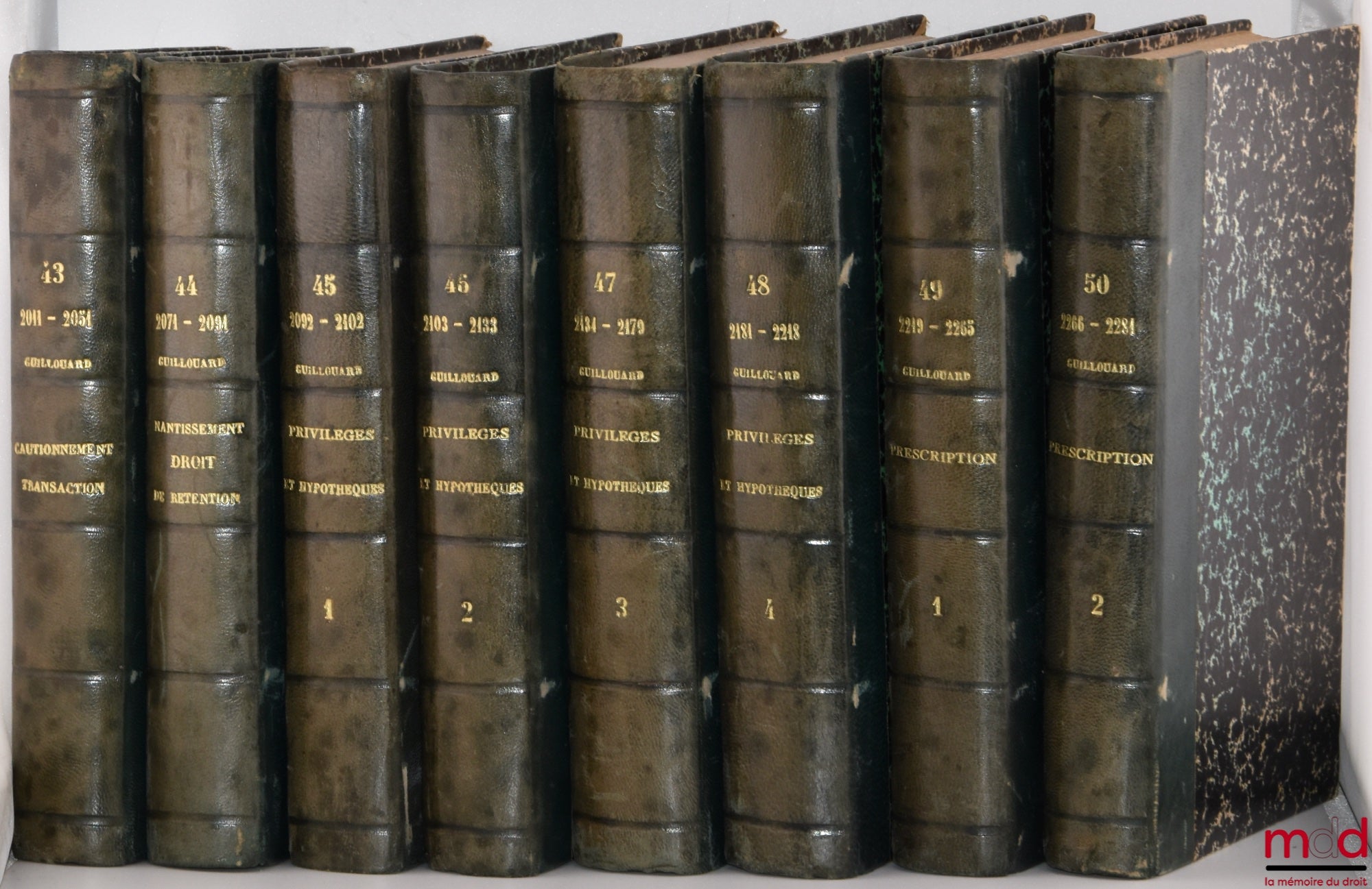 DEMOLOMBE (Charles) & GUILLOUARD (Louis) – COURS DE CODE NAPOLÉON, t. I à X : 6e éd., t. XII et XIII : 7e éd, t. XIII à XVII : 6e éd., t. XVIII à XXIII : 4e et 6e éd., t. XXIV à XXX : 1re et 5e éd, t. XXXI : 6e éd, [31 vol.] ;  TRAITÉS (…), (art. 1387 à 2