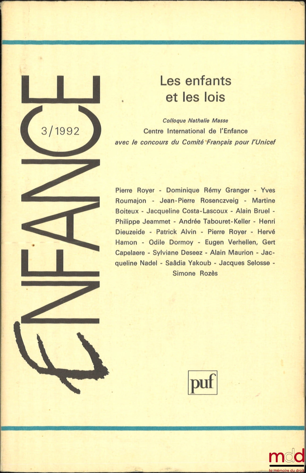 [Revue] – LES ENFANTS ET LES LOIS, Enfance, n° 3, 1992
