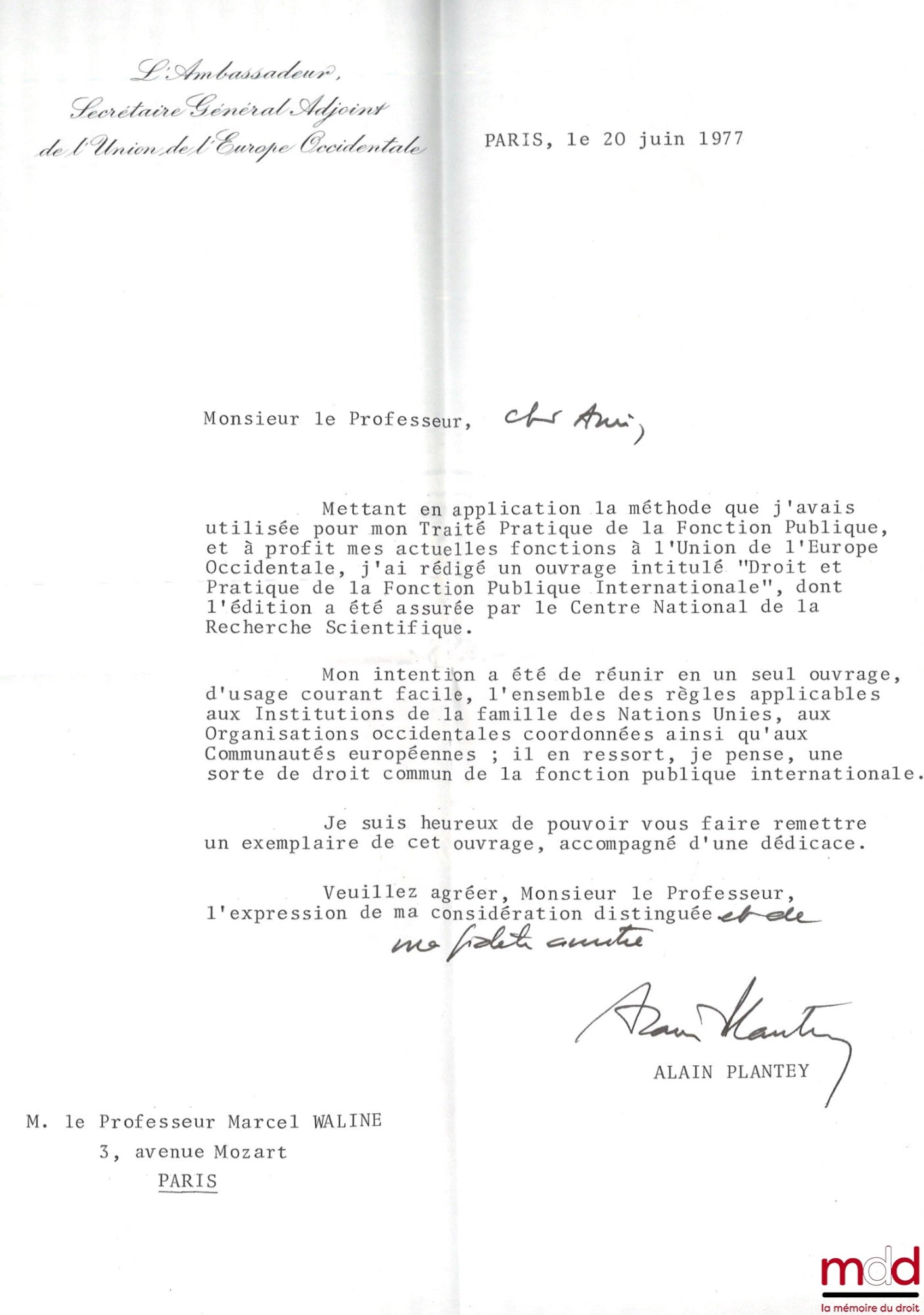 PLANTEY (Alain) – DROIT ET PRATIQUE DE LA FONCTION PUBLIQUE INTERNATIONALE