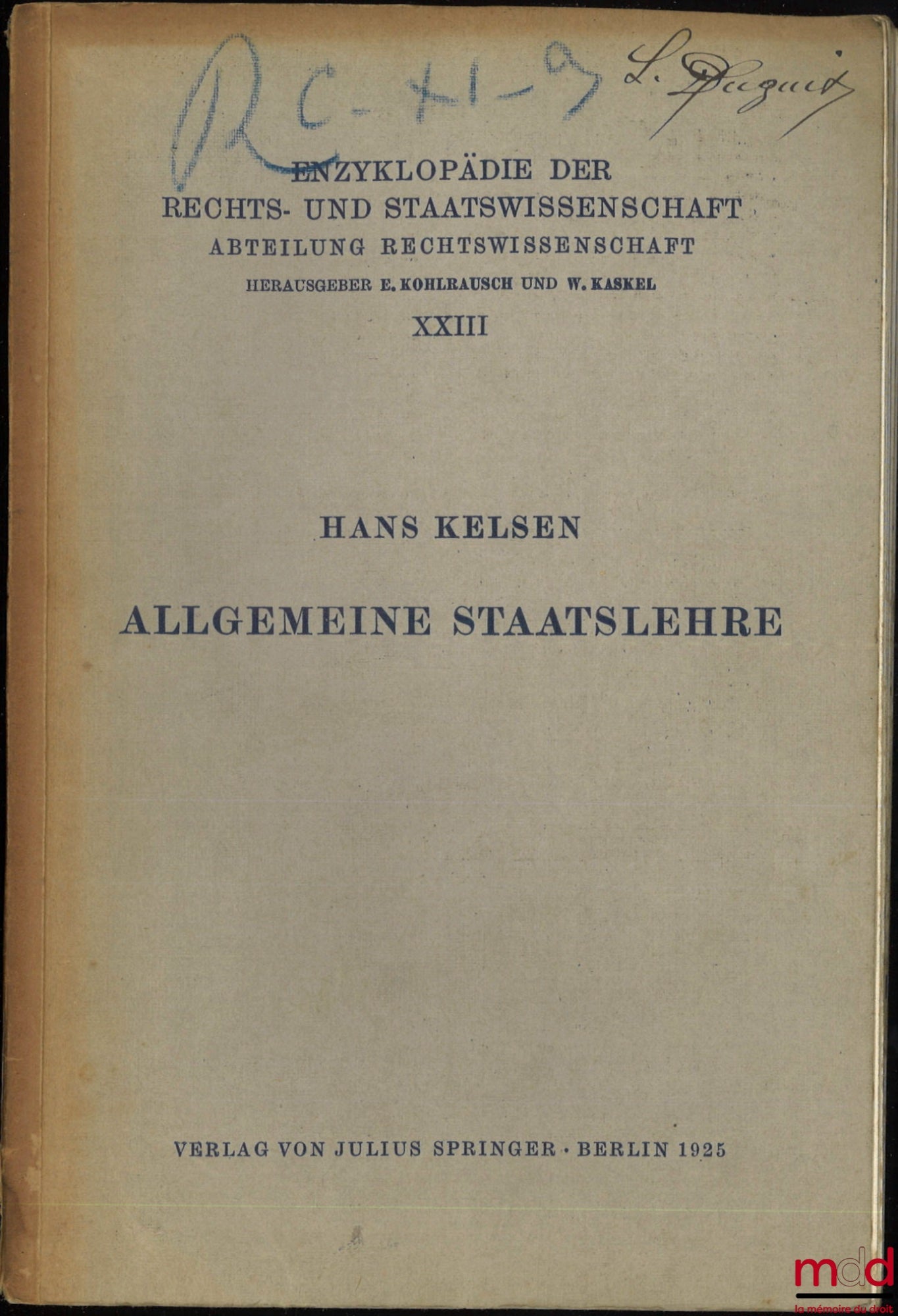 KELSEN (Hans) – ALLGEMEINE STAATSLEHRE