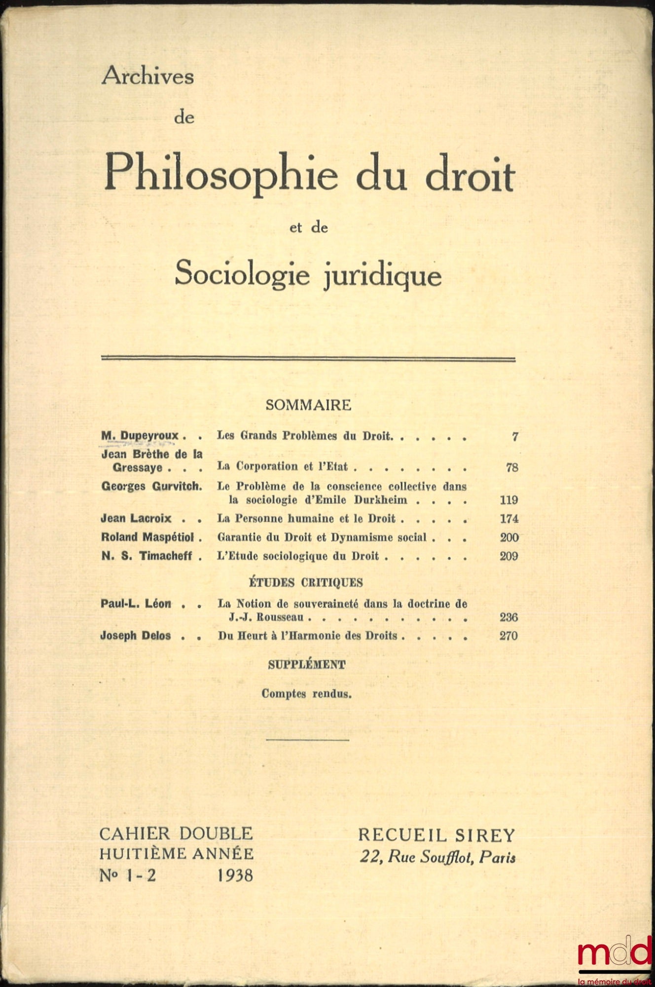 [Archives de Philosophie du Droit et de Sociologie Juridique - APD] – Cahier double huitième année n° 1-2