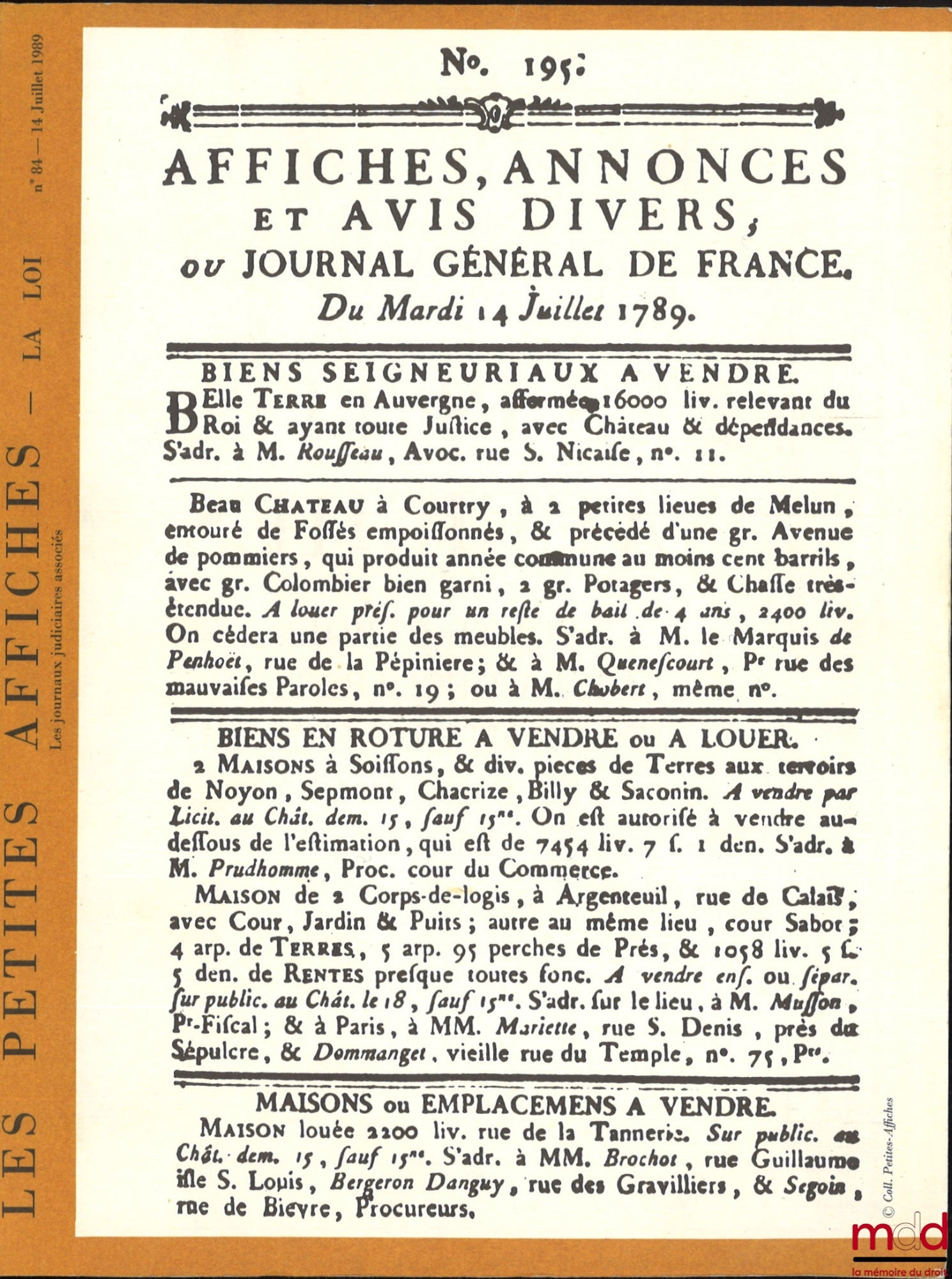 [Bicentenaire de la Révolution Française ] – LES PETITES AFFICHES, Porte-Parole de la Déclaration des droits de l’homme et du citoyen de 1789, n° 84, 14 juillet 1989