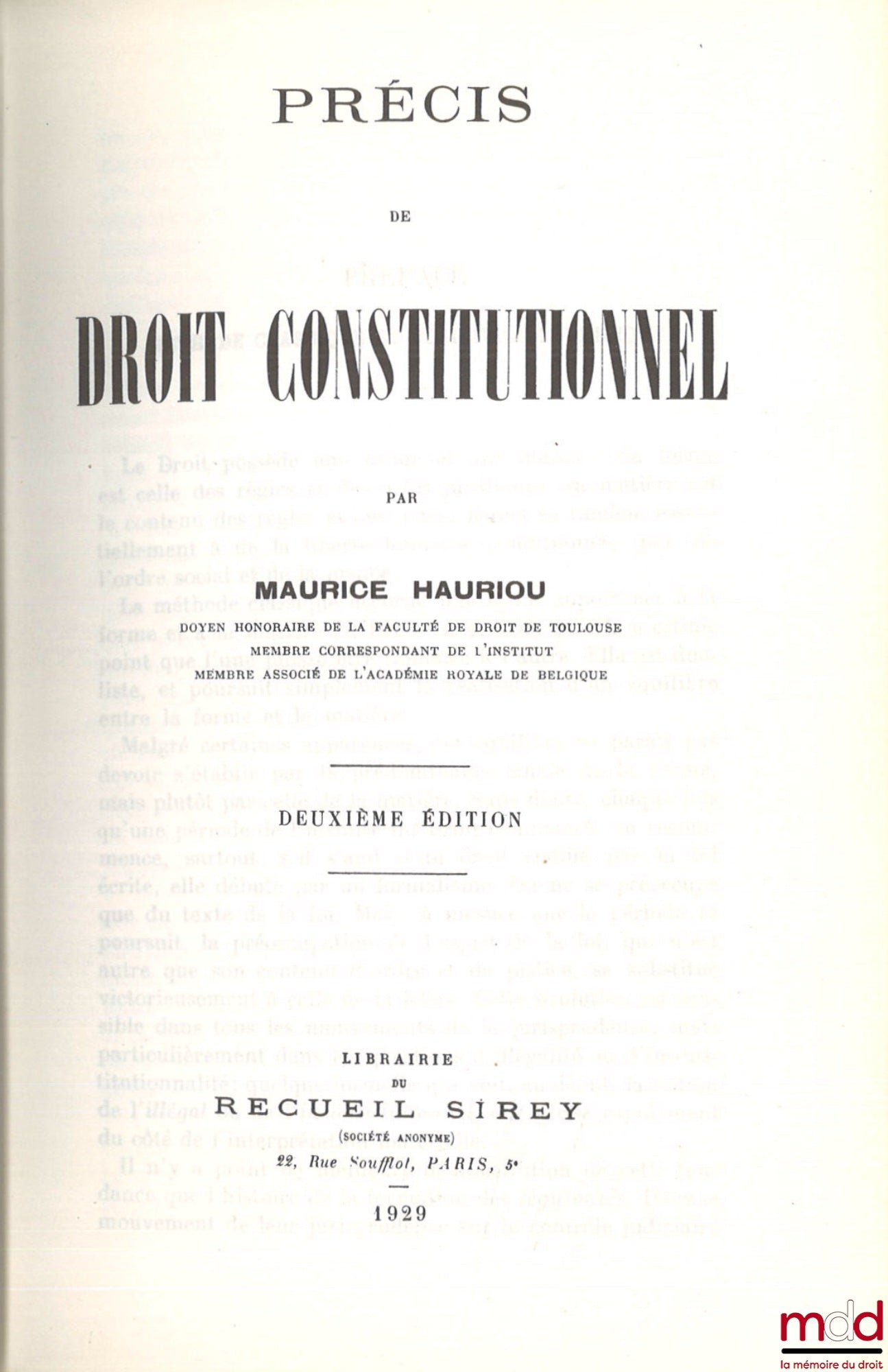 HAURIOU (Maurice) – PRÉCIS DE DROIT CONSTITUTIONNEL, 2e éd., [réimpression]