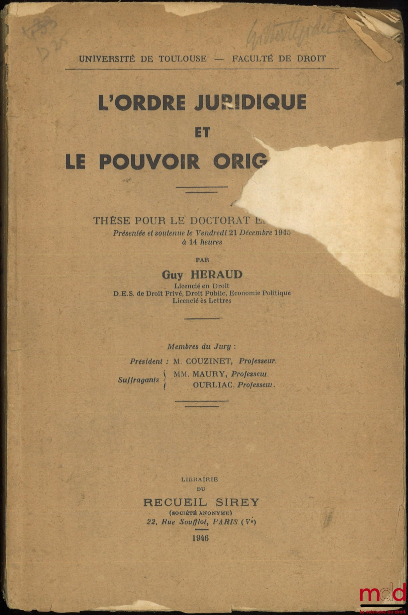 HERAUD (Guy) – L’ORDRE JURIDIQUE ET LE POUVOIR ORIGINAIRE