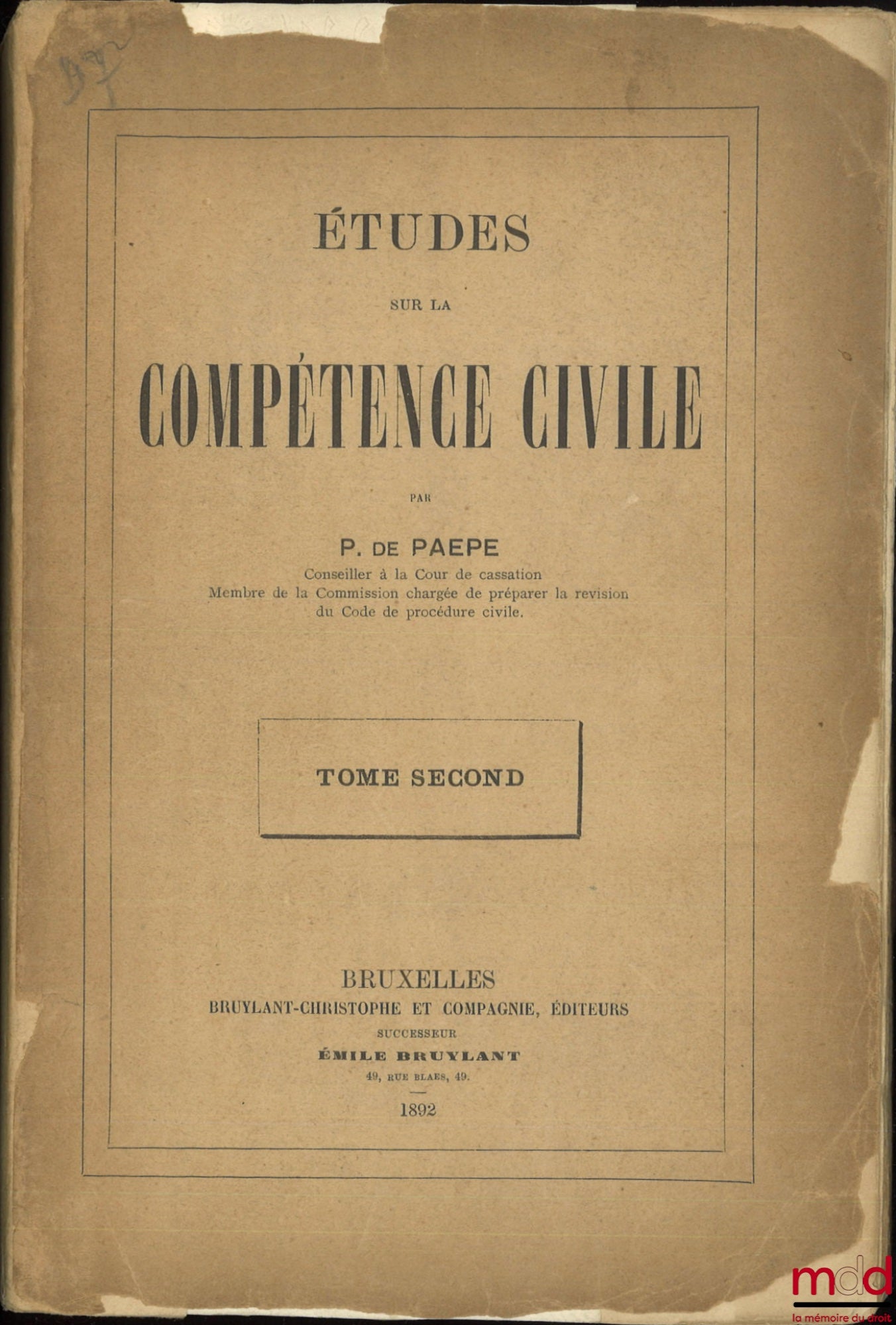 PAEPE (Polydore de) – ÉTUDES SUR LA COMPÉTENCE CIVILE
