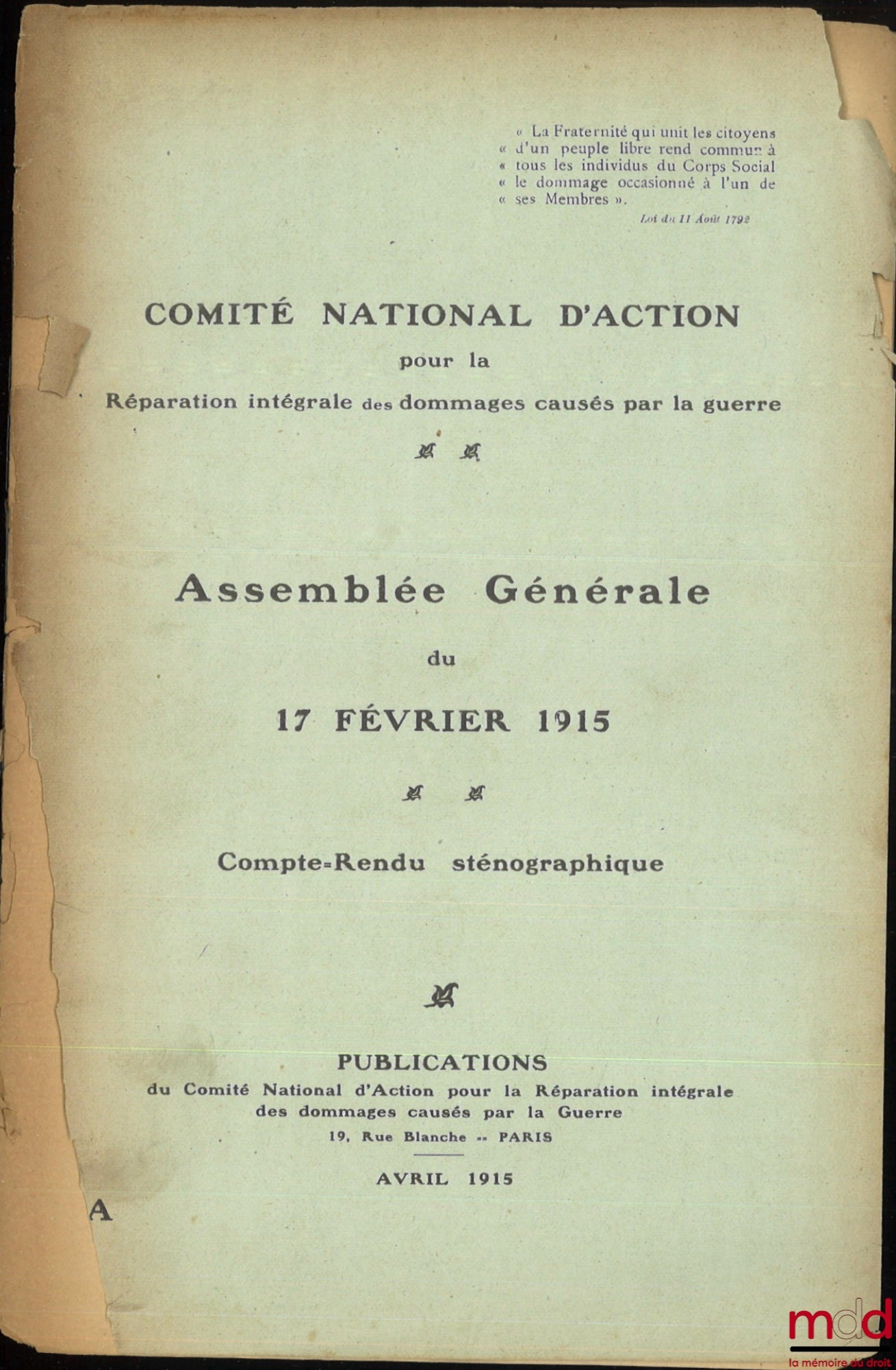 [Collectif] – ASSEMBLÉE GÉNÉRALE DU 17 FÉVRIER 1915, Comité national d’action pour la réparation intégrale des dommages causés par la guerre [t.-à-p.]