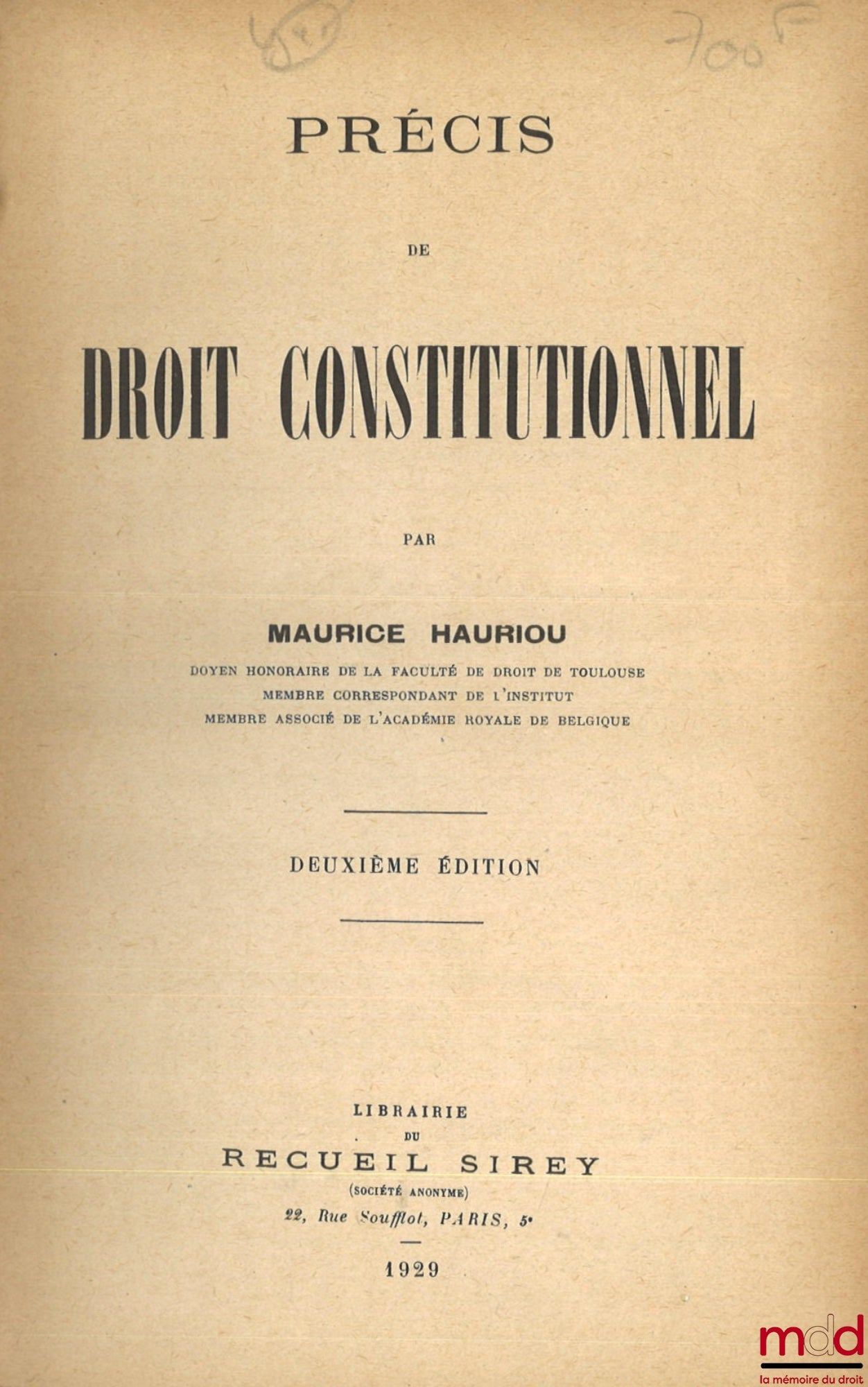 HAURIOU (Maurice) – PRÉCIS DE DROIT CONSTITUTIONNEL, 2e éd.
