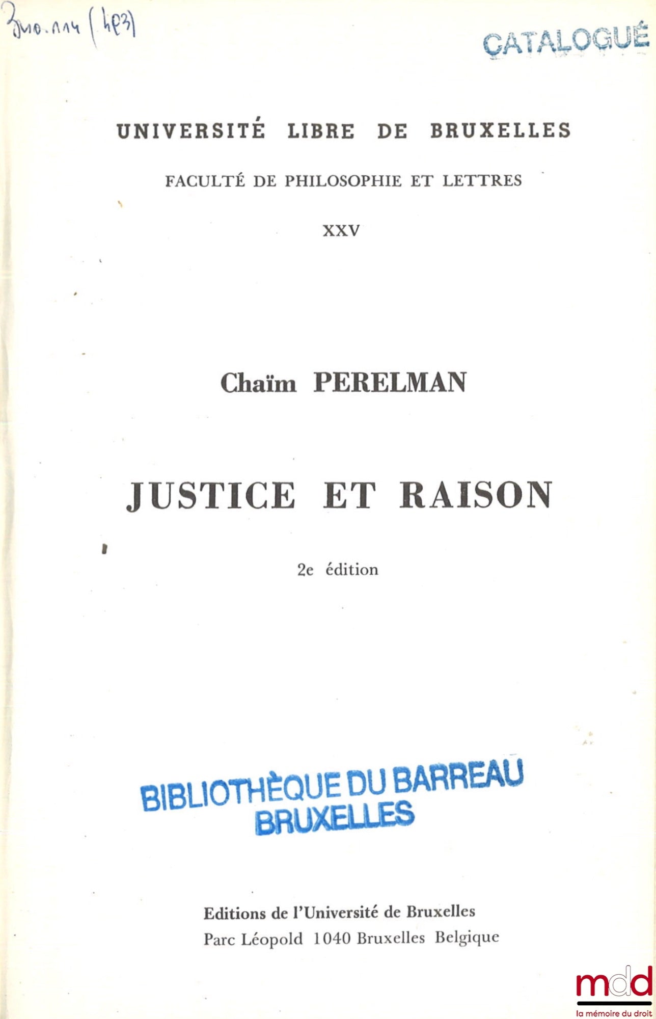 PERELMAN (Chaïm) – JUSTICE ET RAISON, 2e éd.