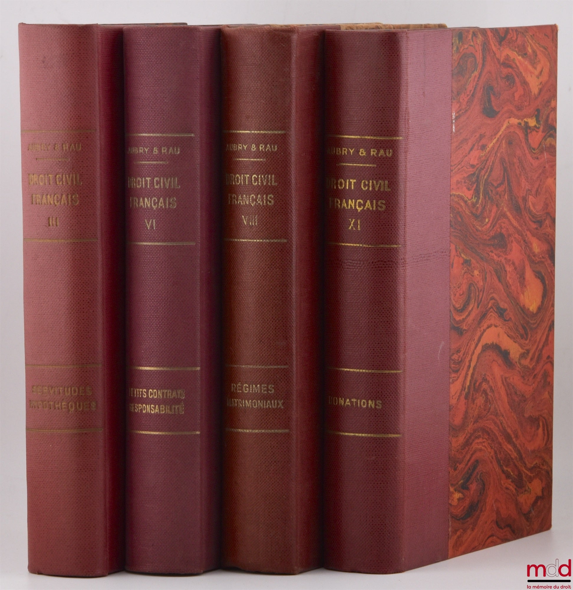 AUBRY (Charles) et RAU (Charles-Frédéric) – COURS DE DROIT CIVIL FRANÇAIS D’APRÈS LA MÉTHODE DE ZACHARIÆ, [t. III (Servitudes, Hypothèques, 6e éd.), VI (Petits contrats, Responsabilité, 6e éd.), VIII (Régimes matrimoniaux, 6e éd.) et XI (Donations, 5e éd.