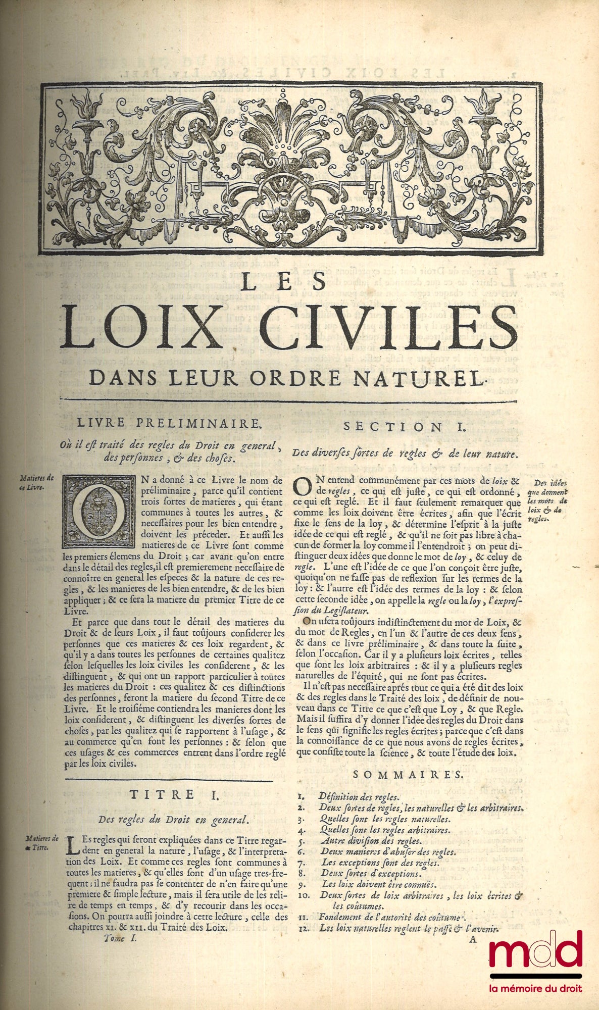 DOMAT (Jean) – LES LOIX CIVILES DANS LEUR ORDRE NATUREL, LE DROIT PUBLIC ET LEGUM DELECTUS, nouvelle éd. revue et corrigée