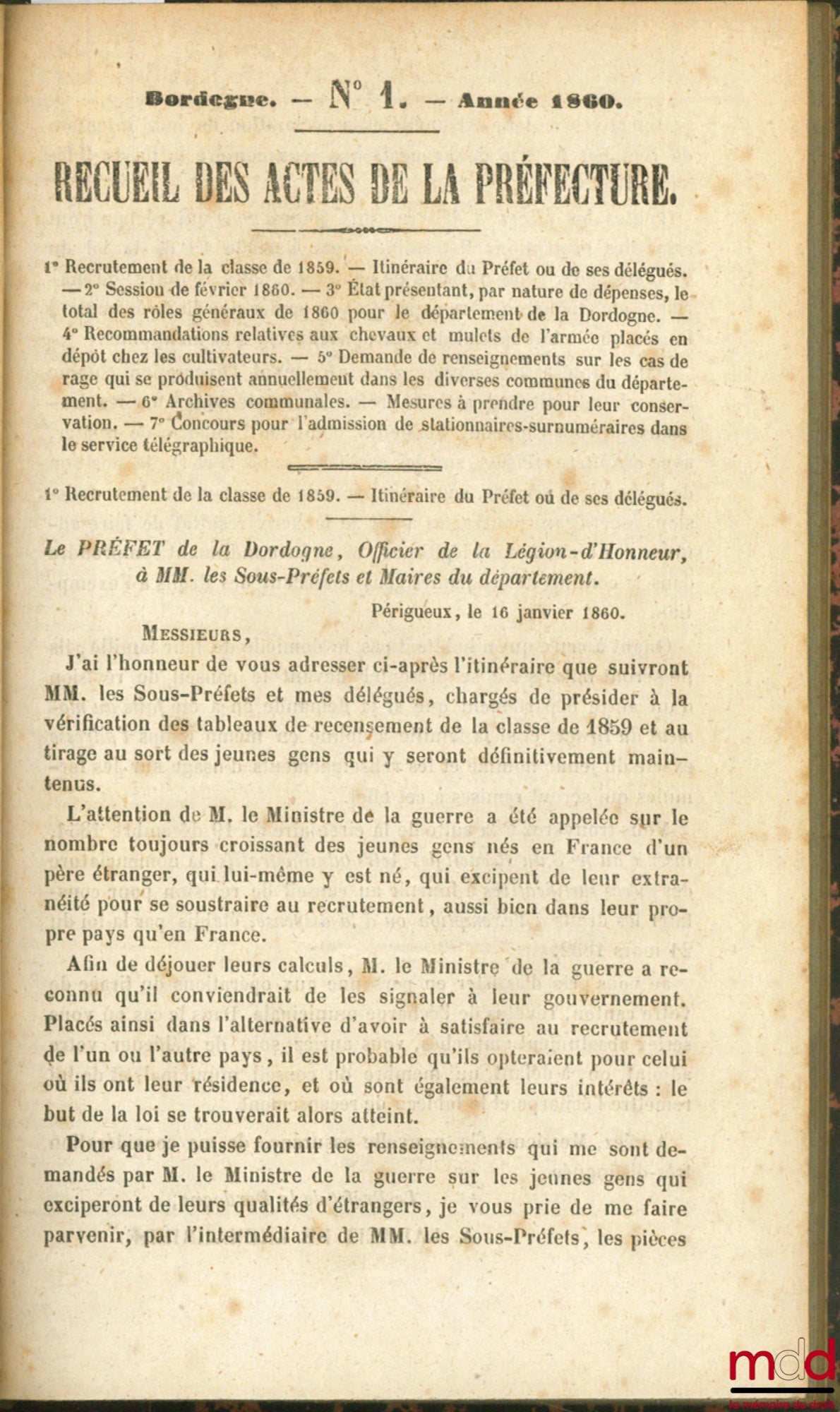 RECUEIL DES ACTES DE LA PRÉFECTURE DE DORDOGNE, années 1860, 1861