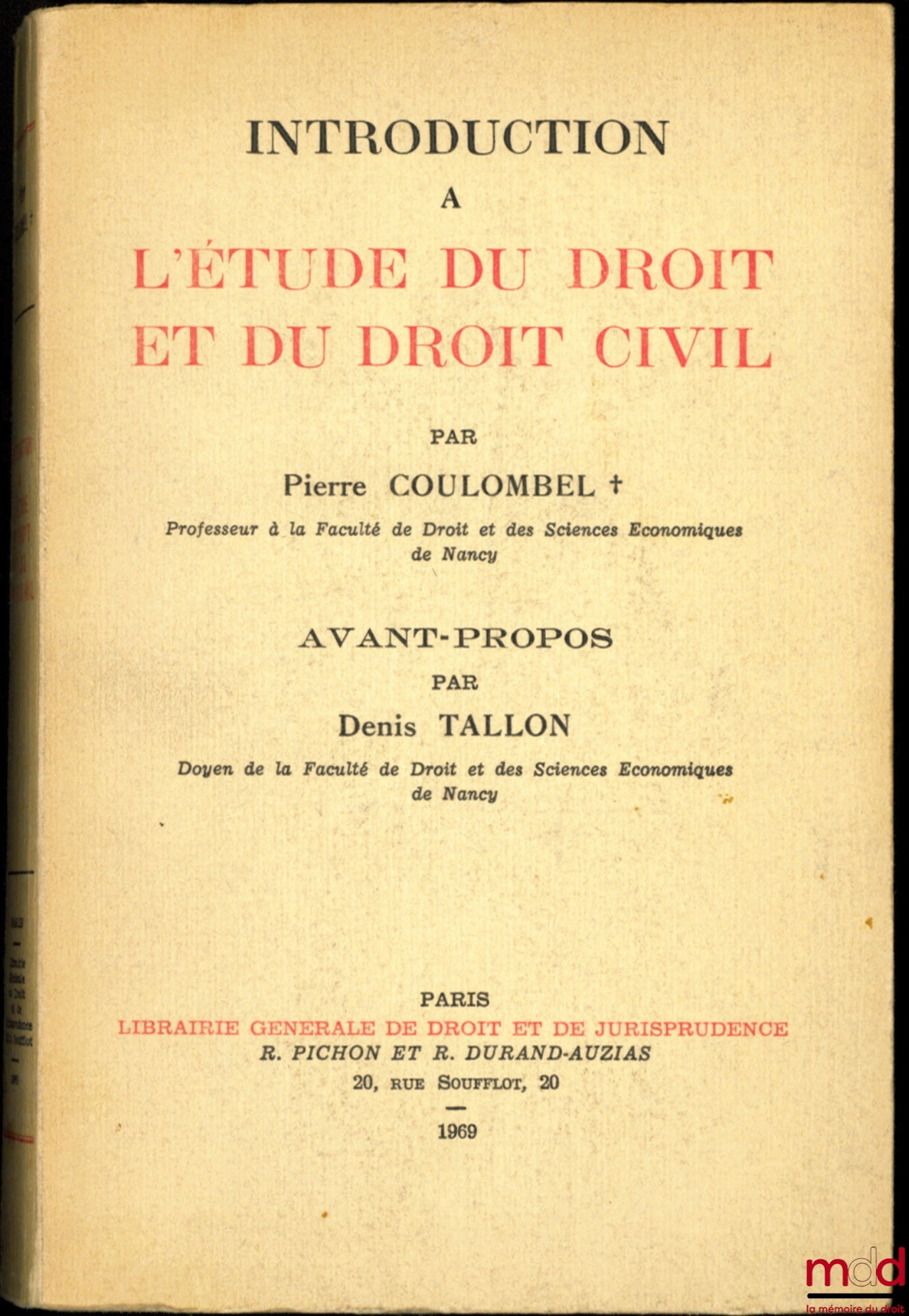 COULOMBEL (Pierre) – INTRODUCTION À L’ÉTUDE DU DROIT ET DU DROIT CIVIL, avant-propos par Denis Tallon